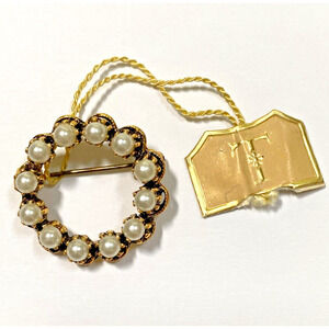 Vintage Tacoa Brooch Wreath Pin Goldtone Circle Pearl Beads Classic Mid Century